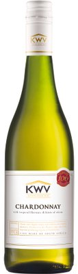 Diese Flasche KWV Chardonnay hebt sich durch ihr frisches, hellgrünes Glas und das stilvolle Etikett hervor.