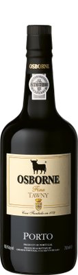Ein stilvoller Portwein in einer schwarzen Flasche, die mit einem goldenen Etikett und dem Osborne-Bullen verziert ist.