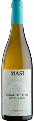 Ein biologischer Weißwein in einer schlanken Flasche, die mit einem ansprechenden Etikett und einem blauen Verschluss versehen ist.