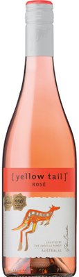 Im Bild ist eine Flasche Roséwein zu sehen, die mit einem bunten Känguru-Logo und dem Schriftzug '[yellow tail]' verziert ist.