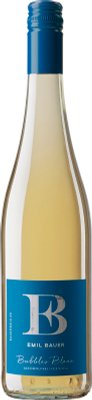 Emil Bauer Bubbles Blanc alkoholfreier Sekt in durchsichtiger Flasche mit blauem Etikett und silbernem B-Logo.