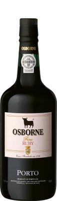 Die Flasche mit Osborne Fine Ruby Portwein hebt sich durch ihr elegantes Design und die markanten Etiketten hervor.