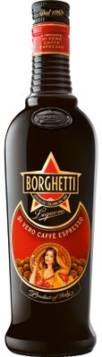 Die Flasche Borghetti zeigt ein kunstvolles Etikett mit einer Frau, die einen Likör aus echtem Espresso genießt, umgeben von Kaffeebohnen.