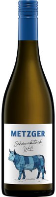 Eine Flasche Weißwein mit einem blauen Deckel und einem Etikett, das eine stilisierte, gemusterte Kuh zeigt.