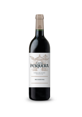 Die Flasche Tinto Pesquera Reserva zeigt ein ansprechendes Design mit einem detaillierten Etikett und einem stilvollen Korken.