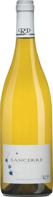 Die Flasche Sancerre zeigt ein ansprechendes Design mit blauen Traubenmotiven und dem Schriftzug 'Domaine Raimbault-Pineau'.