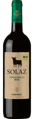 Eine Flasche Solaz Tempranillo Bio mit einem eleganten Etikett und einem stilisierten Stier, die spanische Herkunft betont.