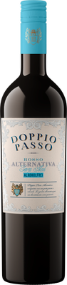 Doppio Passo Alternativa ist eine alkoholfreie Weinflasche mit einem eleganten Etikett und einem auffälligen blauen Verschluss.