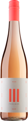 Eine Flasche Roséwein mit einem auffälligen rosa Deckel und einem minimalistischen Etikett, das den Namen '3 Freunde' trägt.