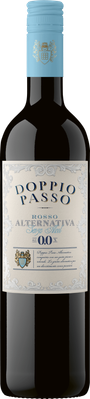 Eine elegante Flasche Doppio Passo Rosso Alternativa mit einem blauen Verschluss und einem kunstvollen Etikett ohne Alkohol.