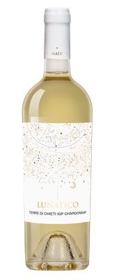 Eine elegante Flasche Lunatico Chardonnay mit einem kunstvollen Etikett, das Sterne und Mondphasen zeigt.