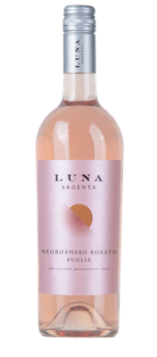 Eine Flasche roséfarbenen Weins mit dem Etikett 'LUNA ARGENTA' und der Bezeichnung 'Negroamaro Rosato Puglia'.