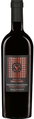Eine elegante Flasche Primitivo di Manduria mit einem schwarzen Etikett und glänzenden, kupferfarbenen Akzenten.
