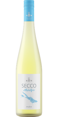 Eine Flasche alkoholfreier Secco mit einem blauen Deckel und einem eleganten Etikett, das die Marke und den Typ anzeigt.