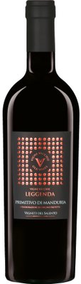 Eine elegante Flasche Primitivo di Manduria mit einem schwarzen Etikett und glänzenden, kupferfarbenen Akzenten.