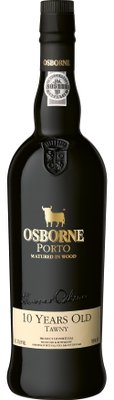 Eine elegante Flasche Osborne Porto, die 10 Jahre alten Tawny-Wein präsentiert, mit goldenen Schriftzügen auf schwarzem Hintergrund.