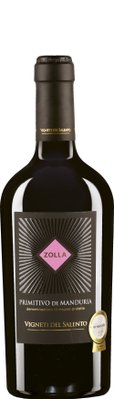 Eine elegante Flasche Zolla Primitivo di Manduria mit einem auffälligen Etikett und einer goldenen Medaille für Qualität.