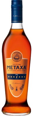 Eine elegante Flasche Metaxa mit goldenen Sternen und einem blauen Deckel, die den original griechischen Geist repräsentiert.