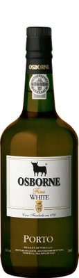 Eine grüne Flasche mit dem Etikett 'Osborne Fine White Porto', die die Herkunft aus Portugal und den Alkoholgehalt von 19,5 % zeigt.
