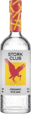 Eine Flasche Stork Club Organic Rye Gin mit einem auffälligen pinken und gelben Etikett, das einen stilisierten Storch zeigt.