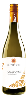 Eine Flasche Settesoli Chardonnay mit einem goldenen Korken und einem kunstvollen Etikett, das sicilianische Motive zeigt.