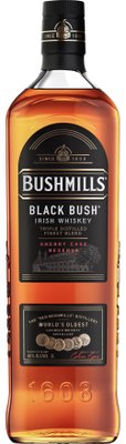 Eine Flasche Bushmills Black Bush Irish Whiskey mit einem eleganten Design und der Aufschrift 'Seit 1608' auf dem Deckel.