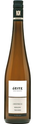 Eine elegante Flasche Riesling mit einem klaren, hellen Etikett und dem Namen 'Leitz Oestrich' in schwarzer Schrift.