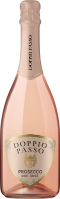 Eine Flasche Doppio Passo Prosecco Rosé DOC mit einem eleganten, rosafarbenen Etikett und einer stilvollen Kapsel.