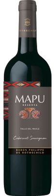 Eine elegante Weinflasche mit dem Etikett 'MAPU Reserva', das kunstvolle Muster und leuchtende Farben zeigt.