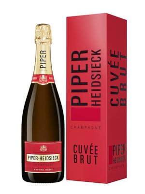 Eine elegante Flasche Piper-Heidsieck Champagner steht neben einer auffälligen roten Verpackung mit schwarzem Schriftzug.