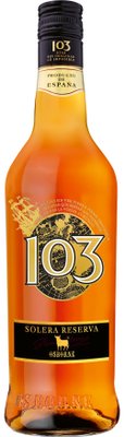 Die Flasche hat eine klare, goldene Flüssigkeit und ein kunstvolles Etikett, das die spanische Herkunft und die Reifung betont.