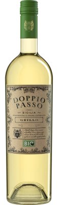 Eine elegante Flasche Doppio Passo Grillo aus Sizilien, mit einem grünen Schraubverschluss und einem kunstvollen Etikett.