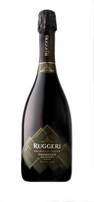 Eine elegante Flasche Ruggeri Prosecco Valdobbiadene mit einem schwarzen Etikett und goldenen Akzenten, die Luxus ausstrahlt.