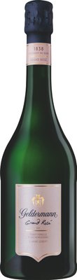 Grüne Flasche Grand Rosé mit rosanem Etikett und schwarzem Verschluss