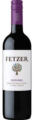 Eine Flasche Fetzer Zinfandel mit einem lila Korken und einem stilisierten Baum-Logo auf dem Etikett.
