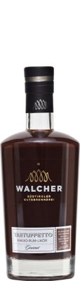 Eine elegante Flasche Walcher Tartuffetto Kakao-Rum-Likör mit einem stilvollen Etikett und einem schwarzen Verschluss.