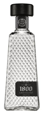 Eine elegante Tequila-Flasche mit einer klaren, facettierten Oberfläche und einem schwarzen Deckel, die Luxus ausstrahlt.