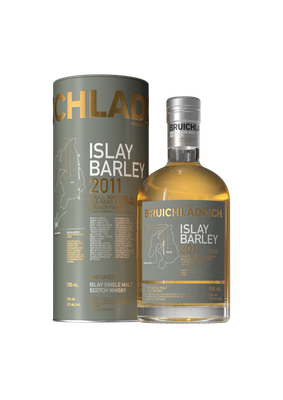 Die Flasche Islay Barley 2011 zeigt einen klaren, goldenen Whisky, umgeben von einer stilvollen, informativen Dose.