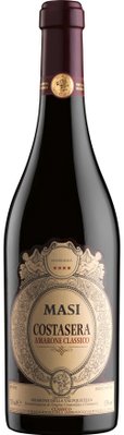 Ein hochwertiger Rotwein, Masi Costasera Amarone Classico, präsentiert sich in einer eleganten Flasche mit kunstvollen Verzierungen und goldenen Akzenten.