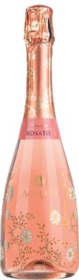 Edle Flasche mit verzierenden, goldfarbenen Blumen, die Flüssigkeit ist rosa.