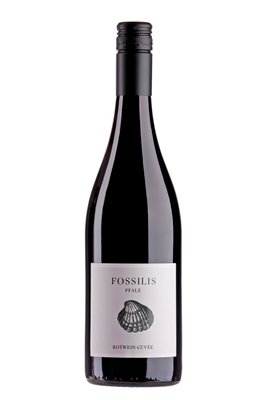 Eine elegante Flasche Rotwein mit dem Etikett 'Fossilis' aus der Pfalz, das eine Muschel abbildet.