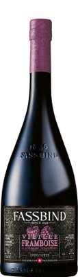 Eine elegante Flasche mit lila Kappe und kunstvollem Etikett, die eine Spirituose namens Vieille Framboise präsentiert.