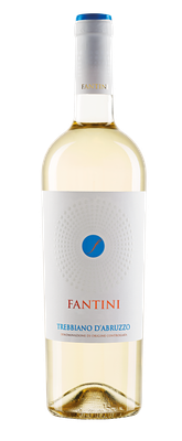 Eine Flasche Fantini Trebbiano d'Abruzzo mit einem blau-weißen Deckel und einem eleganten, weißen Etikett, das den Wein beschreibt.