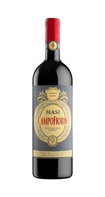 Die Flasche Masi Campofiorin zeigt ein detailliertes Etikett mit goldenen und blauen Akzenten, ideal für besondere Anlässe.
