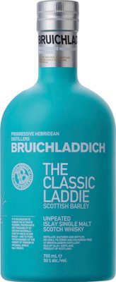 Eine Flasche Bruichladdich Whisky in einem auffälligen blauen Design, die die schottische Herkunft und Qualität betont.