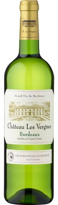 Eine grüne Weinflasche mit dem Etikett 'Château Les Vergnes' und einer Abbildung des Weinguts im Hintergrund.