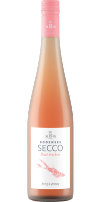 Eine Flasche Bodensee Secco in Rosé, elegant mit einem pinken Verschluss, präsentiert sich auf einem neutralen Hintergrund.