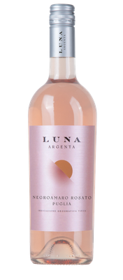 Eine Flasche roséfarbenen Weins mit dem Etikett 'LUNA ARGENTA' und der Bezeichnung 'Negroamaro Rosato Puglia'.