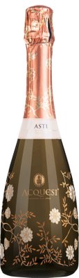 Eine elegante Flasche Asti mit einer kunstvollen, blütenverzierten Etikette und einem glänzenden, roségoldenen Kapselverschluss.