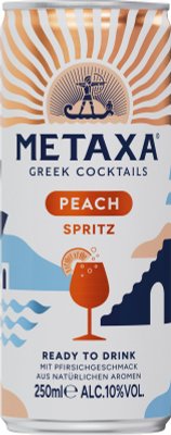 Ein ansprechendes Design einer Cocktail-Dose, die den fruchtigen Geschmack von Pfirsich und die griechische Herkunft betont.